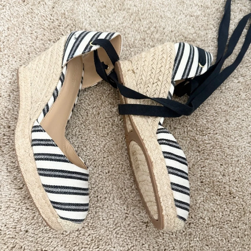 New J. Crew Size 6.5 Espadrille Wedges Ankle Wrap Black Cream Stripe Shoes